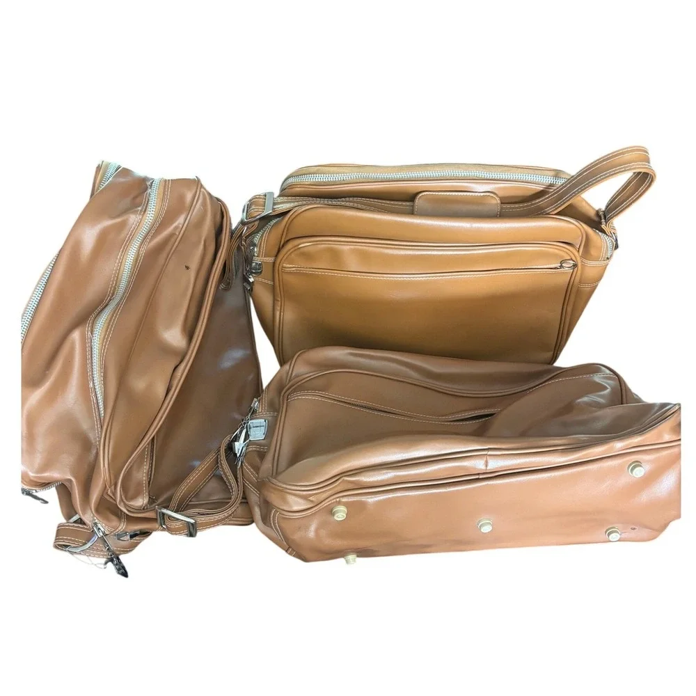 Vintage Tan Faux Leather Travel Bag Set Lot of 3 YKK Zippers Retro Luggage READ